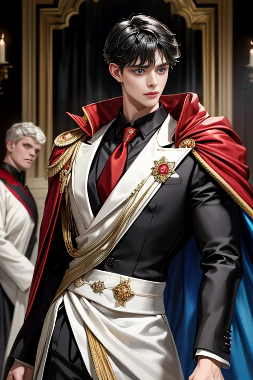 masterpiece, 最high quality, high quality, 1 boy, alone, Male focus, Upper Body,Watching the audience, Messy black hair, Adorable big blue eyes, White, Noble, Noble,A black and red cape that is bursting with sexy volume、Tuxedo、A very voluminous, large, very large, very large, long, long red and black cape with a high stand-up collar, made of a lot of fabric that reaches down to the floor., ,cute beautiful,Cute, cute, kind, handsome guy