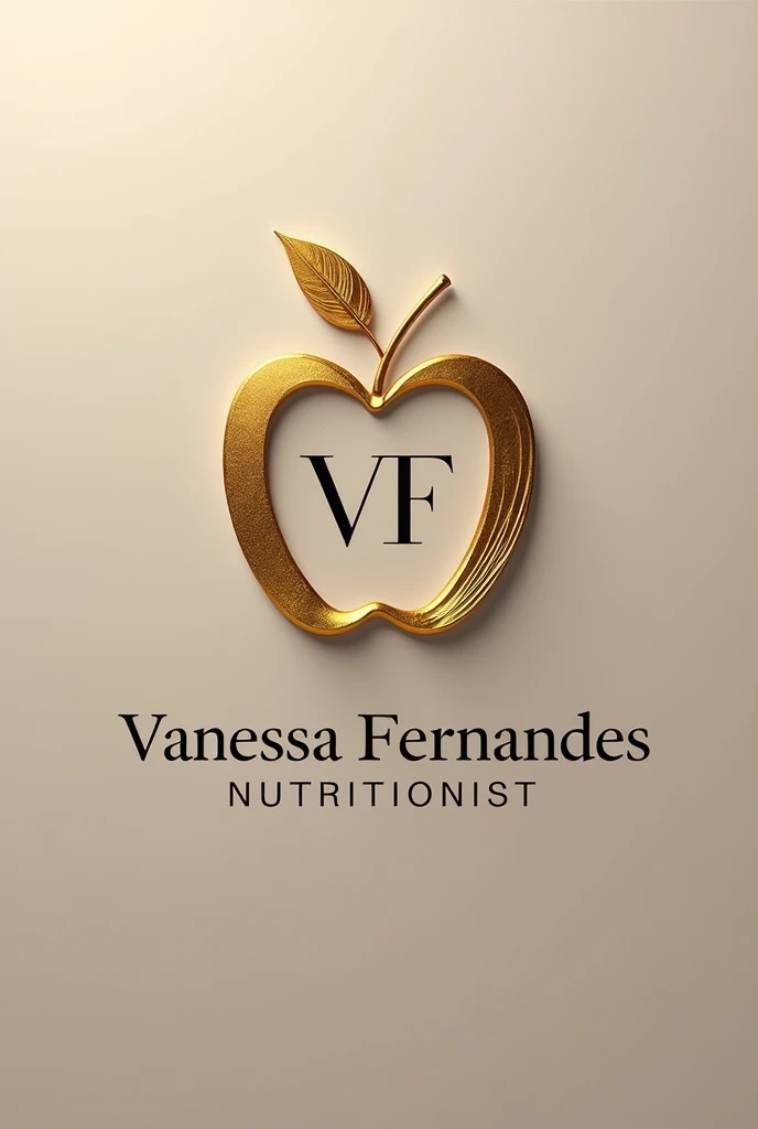 A commercial logo, matte presto background with an abstract apple as if it were gold plated, with fine strokes, and inside the apple there must be the initials V and F and below the name Vanessa Fernandes Nutritionist, all words must be in English.