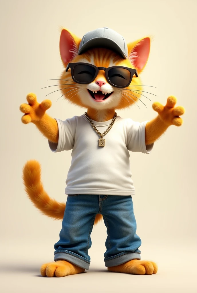 Realistic drawing of a cute yellow cat dressed in jeans, white t-shirt, necklace, sunglasses, cap, jacket, smiling with open arms
