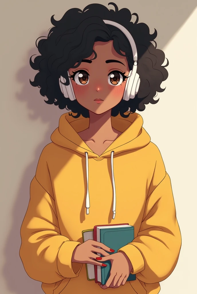 2d anime female brown skin character with dark brown eyes, short curly 4b black hair, white headphones, and a yellow hoodie. Calm personality (books in hand) my hero academia art style more nonchalant