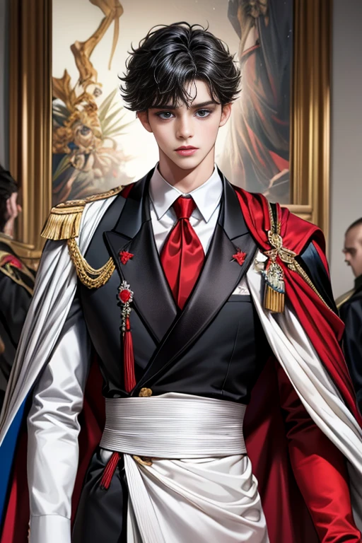 masterpiece, 最high quality, high quality, 1 boy, alone, Male focus, Upper Body,Watching the audience, Messy black hair, Adorable big blue eyes, White, Noble, Noble,A black and red cape that is bursting with sexy volume、Tuxedo、A very voluminous, large, very large, very large, long, long red and black cape with a high stand-up collar, made of a lot of fabric that reaches down to the floor., ,cute beautiful,Cute, cute, kind, handsome guy