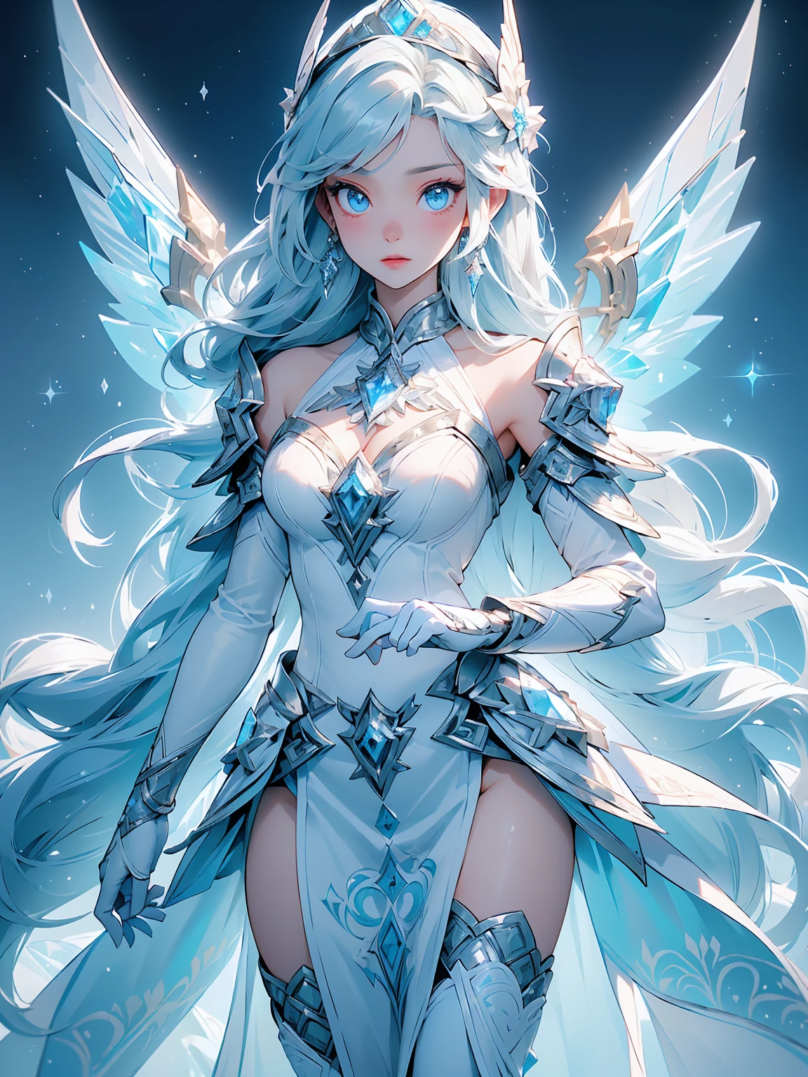 (((masterpiece, best quality, high detailed, 16k))) (1girl) A resplendent young princess adorned with the powers of ice and crystal, her eyes shimmering like frozen sapphires. Her long, flowing hair is a stunning blend of icy blue and silver, resembling a cascade of frozen water. She wears a crystalline armor, gleaming with a blend of transparent and frosted blue, adorned with intricate patterns and symbols of winter and purity. The armor is both graceful and formidable, with crystalline accents that give her a regal and ethereal appearance. She emanates a cold, majestic aura, and behind her, ethereal wings of ice and crystal seem to form, reflecting her icy heritage. ((full body view:1.4))
