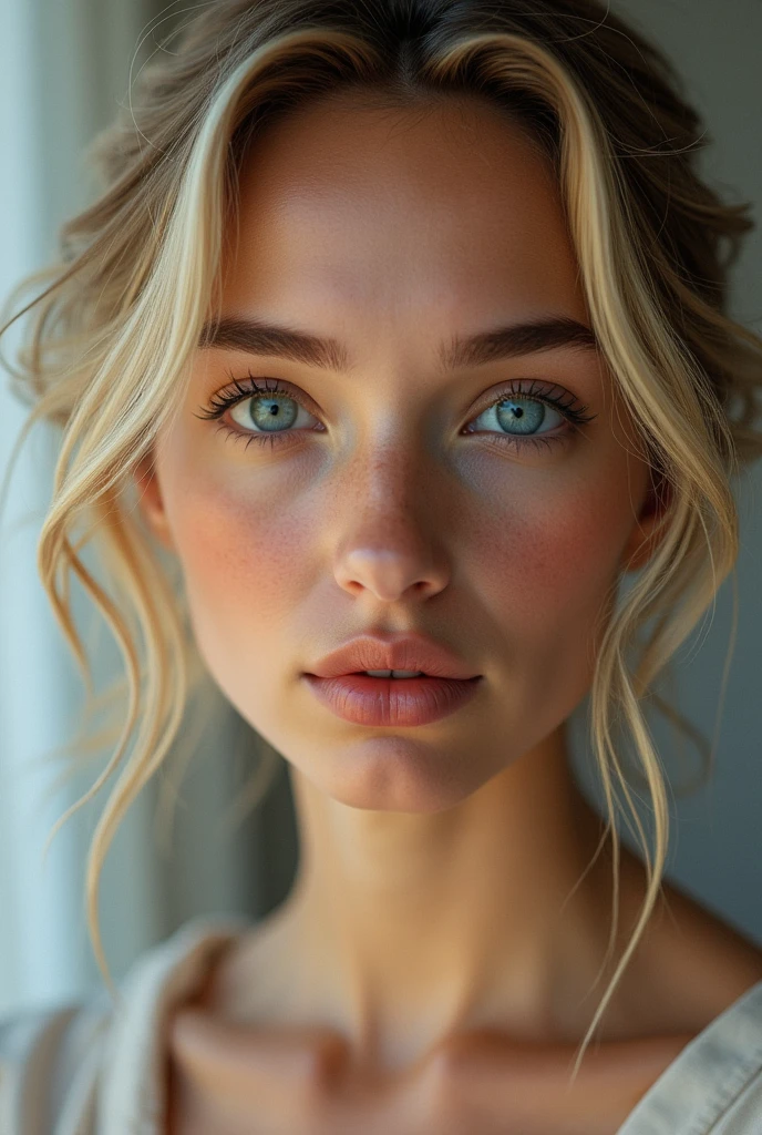 A close-up portrait of a woman with blonde hair and blue eyes, facing the camera directly. Soft side lighting casts gentle shadows on her serene, neutral expression. Her loose, wavy hair frames her face. The mood is calm and focused on her striking eyes