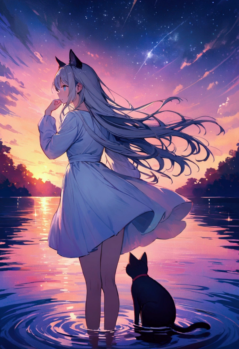 woman, Calm expression, Captivating eyes, Blue Eyes, Wavy long hair, Grey Hair, Black cat ears, Kemomimi, loose fitting dress, Calm posture, Touching your ears with your hands, Porcelain-like skin, A faint blush, クリスタルペンダント BREAK ゴールデンアワー, (Rim Light):1.2, Warm tones, Night Sky, Sunset, Soft Shadows, Vibrant colors, Painterly effect, Very detailed, Official Art, 8k wallpaper
, Standing in the middle of the lake, Looking up at the distant starry sky, Back view, BREAK (Anatomically Modified), healthy thin legs, Look here, A distant view