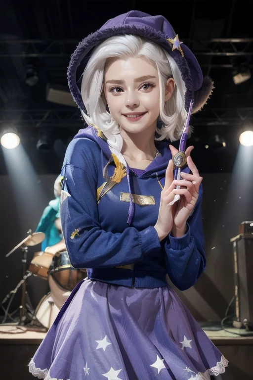 mlptrixie, white hair, wizard hat, purple eyes, colored skin, blue skin, star hair ornament, blue hoodie, purple skirt, looking at viewer, serious, grin, medium shot, action pose, holding a wand, on stage, bright lighting, high quality, masterpiece, 