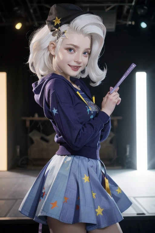 mlptrixie, white hair, wizard hat, purple eyes, colored skin, blue skin, star hair ornament, blue hoodie, purple skirt, looking at viewer, serious, grin, medium shot, action pose, holding a wand, on stage, bright lighting, high quality, masterpiece, 