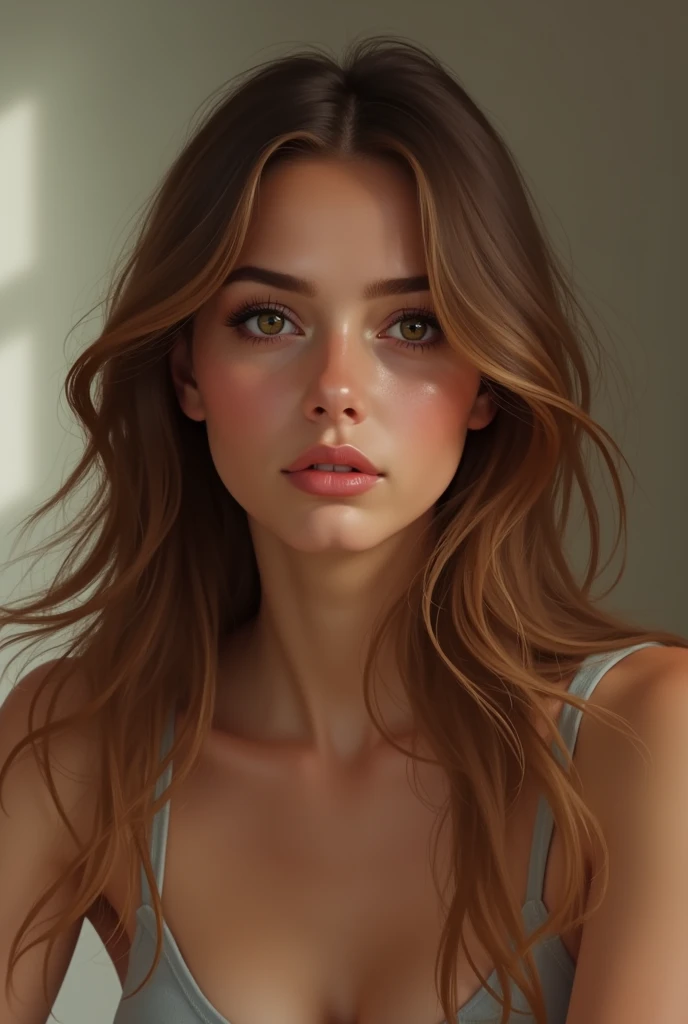 A woman with brown hair, facing forward, eyes open