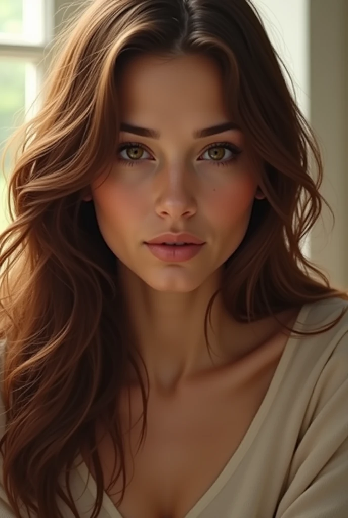 A woman with brown hair, facing forward, eyes open