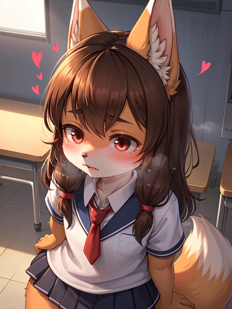 horror , The spirit of a Tiny female fox disguises herself as a junior high school student and attends a school attended by humans , Suck out the energy of Reluctant male students , moist thin eyes , glossy lips , Swollen cheeks , heart is beating fast , steamy breath , Impersonating a human