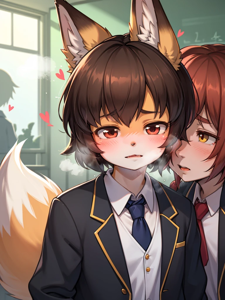 horror , The spirit of a Tiny female fox disguises herself as a junior high school student and attends a school attended by humans , Suck out the energy of Reluctant male students , moist thin eyes , glossy lips , Swollen cheeks , heart is beating fast , steamy breath , Impersonating a human