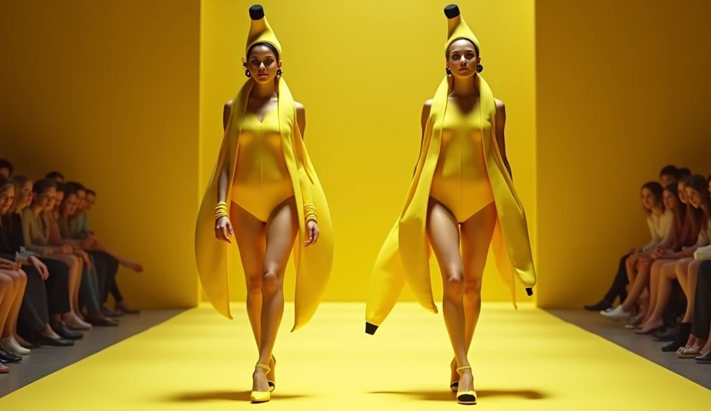 Mini video clip Two sexy women dressed as bananas, doing fashion show