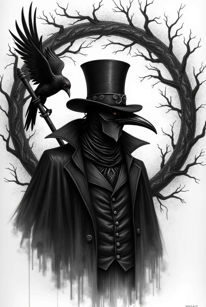 The image shows a black and white drawing of a plague doctor wearing the classic bird beak-shaped mask., that covers most of his face. He is wearing a top hat and there is a raven perched on his left shoulder.. The background is a circle with tangled tree branches, and behind the doctor&#39;s head a scythe protrudes, adding a macabre touch to the whole. The drawing style is detailed, with fine lines that create a dark, shadowy look. 
