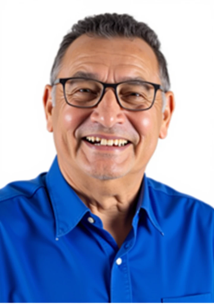 a close up of a man wearing a blue shirt, old man, 6, laughing