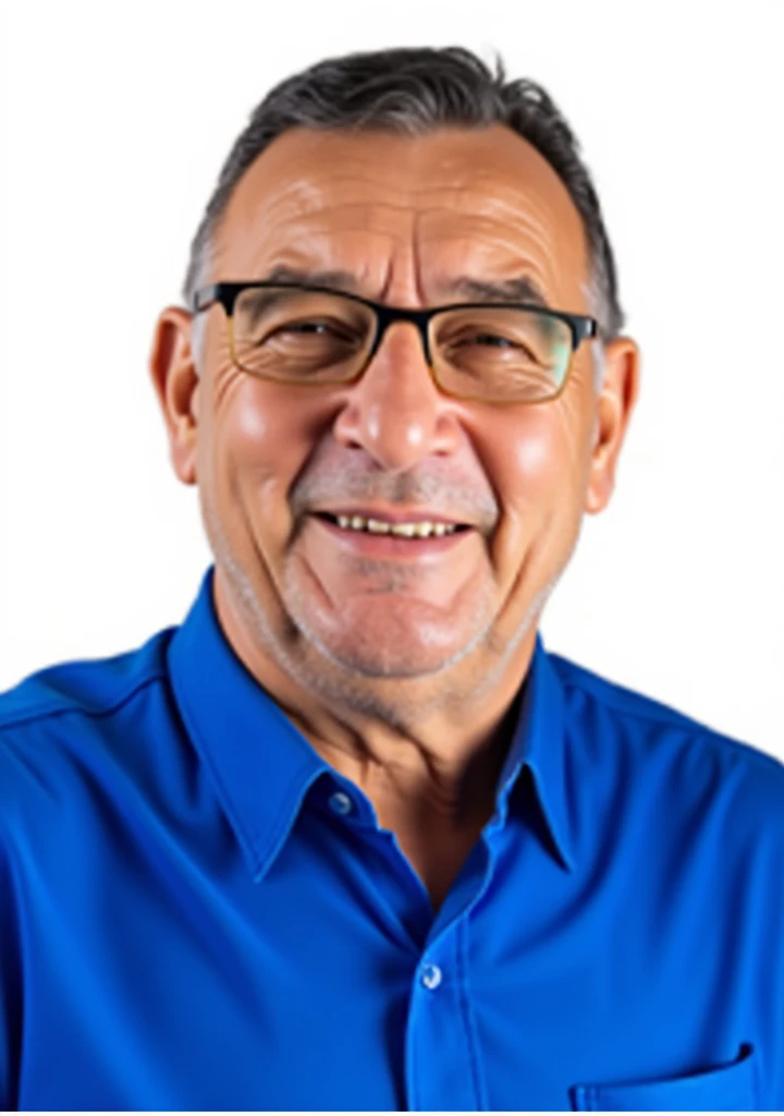 a close up of a man wearing a blue shirt, old man, 6, laughing