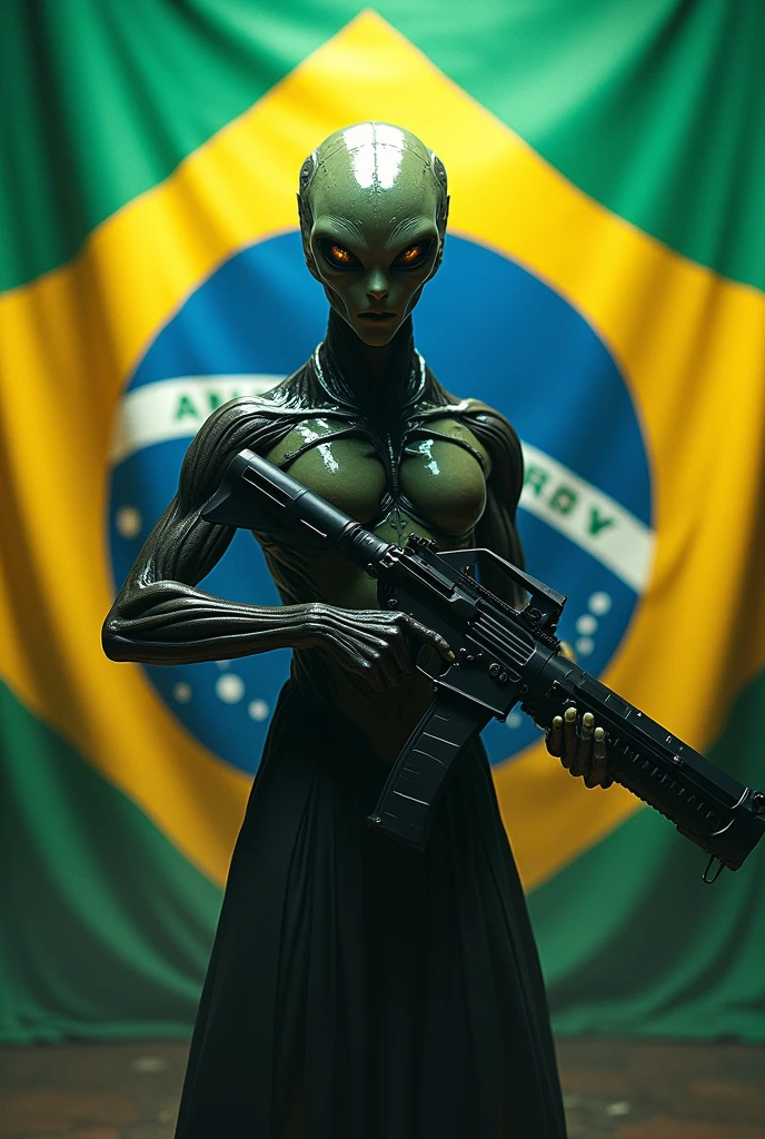 Alien with gun Brazilian flag