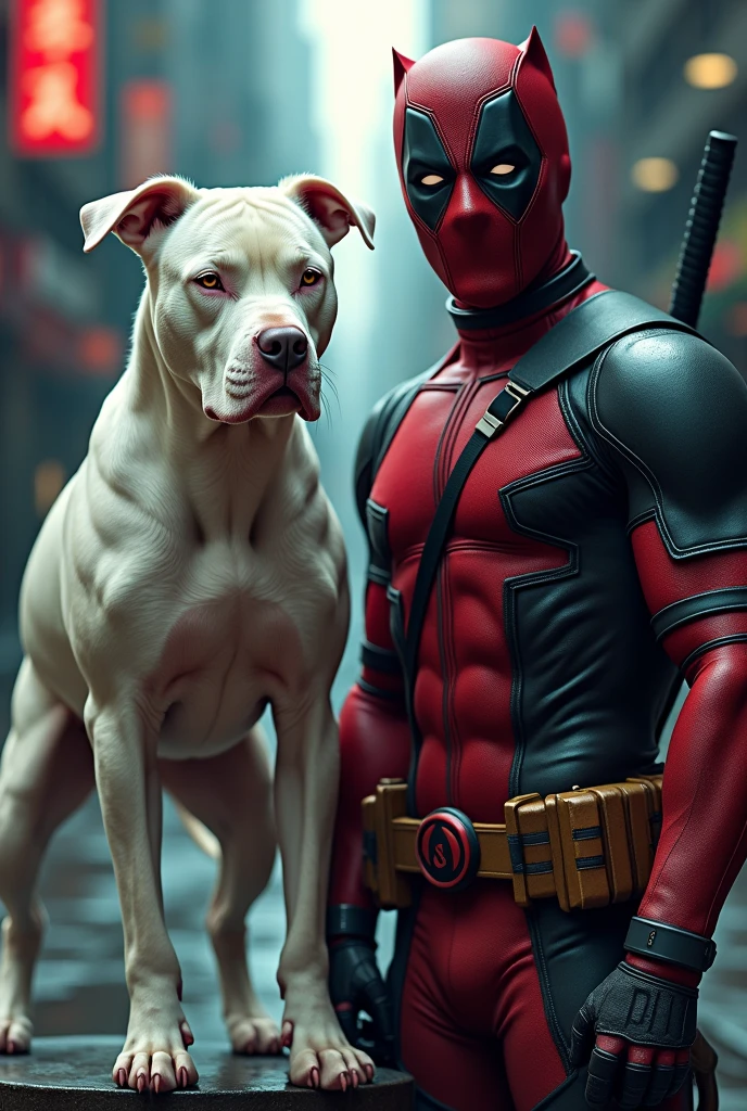 Pitbull blanco y Deadpool 