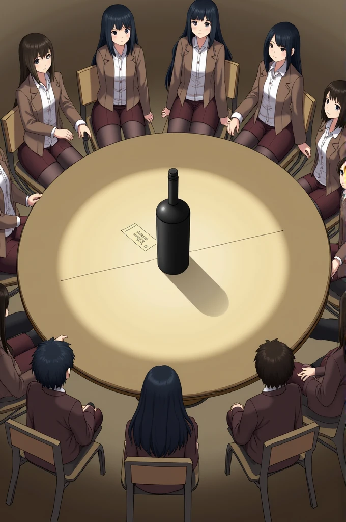 I want you to create some students around a circular table and put a black bottle in the middle of the table., standing. Students must be in their school uniforms. Girls with a pleated skirt that reaches halfway down their legs and is brown in color, a long-sleeved button-down blouse and a brown jacket or coat over it. Men with long brown pants, white long sleeve button down shirt and brown jacket. Algunos estudiantes están encimas de sus sillas y otros standing y otros sentados. And below the bottle there is a circular cardboard with options.