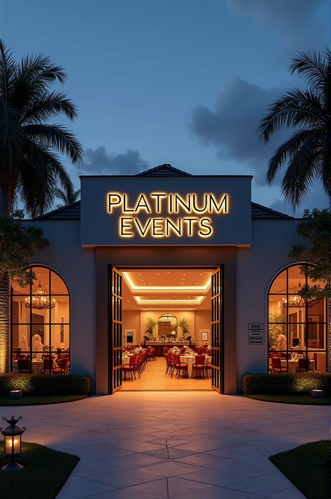 Casa de show, with glass windows, large area in front with some chairs and tables, large sign above the entrance door saying Platinum Events, large open entrance door, circular shaped windows, unrealistic, drawn, small sign on the wall next to the entrance saying no drinks, indoor party, events house, coconut trees outside, lights, natta, parties, animadas, sound box, huge hall inside, party going on , floodlight lights , people dancing in the countryside