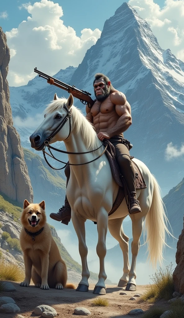 "An imposing mountain with steep cliffs and rugged terrain stands tall in the background. In the foreground, a majestic white horse stands strong, carrying an ape with a muscular build. The ape is holding a rifle, gripping it firmly in one hand while looking out into the distance with an intense expression. Beside the horse, a large, fierce-looking dog sits alertly, its gaze focused, as if guarding the ape and horse. The scene feels adventurous and dangerous, set against the wild natural beauty of the mountain."