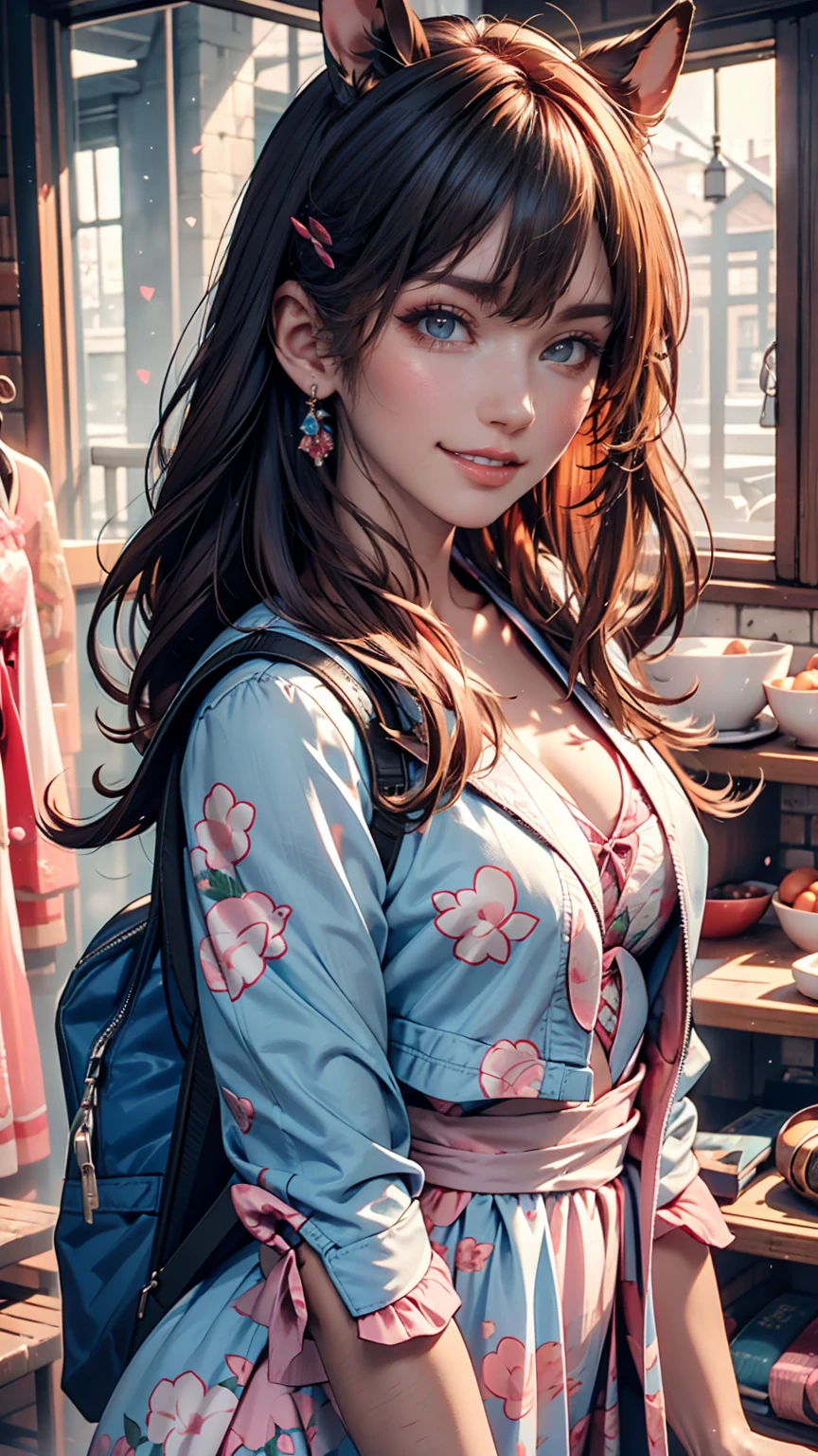 special_Week_(umamusume), fudangi, Hair Clip, Blue jacket, Open jacket, Printed dress, Pink Dress, Window Shopping, Small breasts, High resolution, Upper Body, smile, White backpack, alone, Beastly