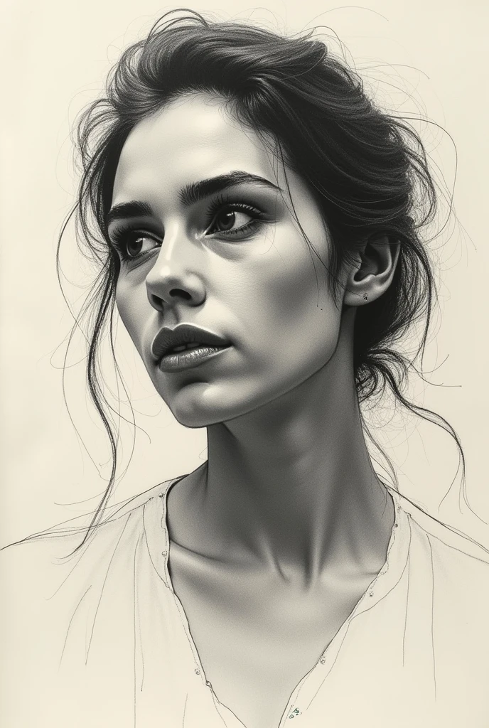 A stunning freehand sketch of a woman&#39;s portrait, masterfully rendered in conté crayon and charcoal. The subject has a thoughtful expression, the head tilted slightly, and his gaze lost in contemplation. The low contrast, faded appearance gives the portrait a nostalgic feel, with clear, blurred lines that look like they&#39;ve been smudged with a finger. The subtle play of shadows and light adds depth to the sketch., showing the artist&#39;s exceptional mastery of the technique., painting-like, illustration, hand with pencil sketching , lapis protected area vazia ,between chin and lips