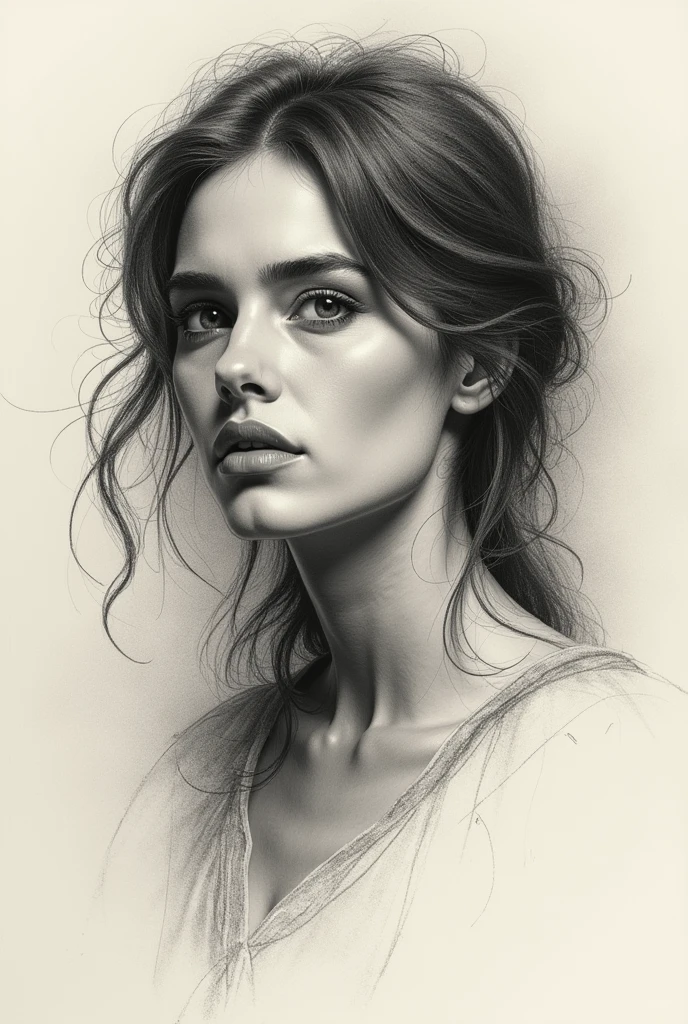 A stunning freehand sketch of a woman's portrait, masterfully rendered in conté crayon and charcoal. The subject has a thoughtful expression, the head tilted slightly, and his gaze lost in contemplation. The low contrast, faded appearance gives the portrait a nostalgic feel, with clear, blurred lines that look like they've been smudged with a finger. The subtle play of shadows and light adds depth to the sketch., showing the artist's exceptional mastery of the technique., painting-like, illustration, hand with pencil sketching , lapis protected area vazia ,between chin and lips