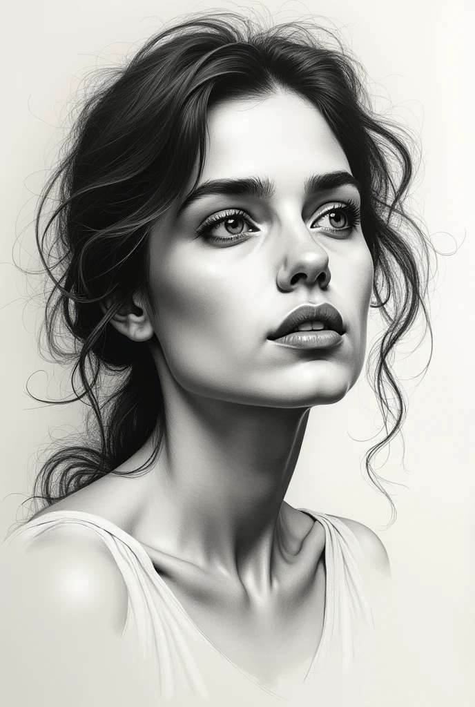 A stunning freehand sketch of a woman&#39;s portrait, masterfully rendered in conté crayon and charcoal. The subject has a thoughtful expression, the head tilted slightly, and his gaze lost in contemplation. The low contrast, faded appearance gives the portrait a nostalgic feel, with clear, blurred lines that look like they&#39;ve been smudged with a finger. The subtle play of shadows and light adds depth to the sketch., showing the artist&#39;s exceptional mastery of the technique., painting-like, illustration, hand with pencil sketching , lapis protected area vazia ,between chin and lips