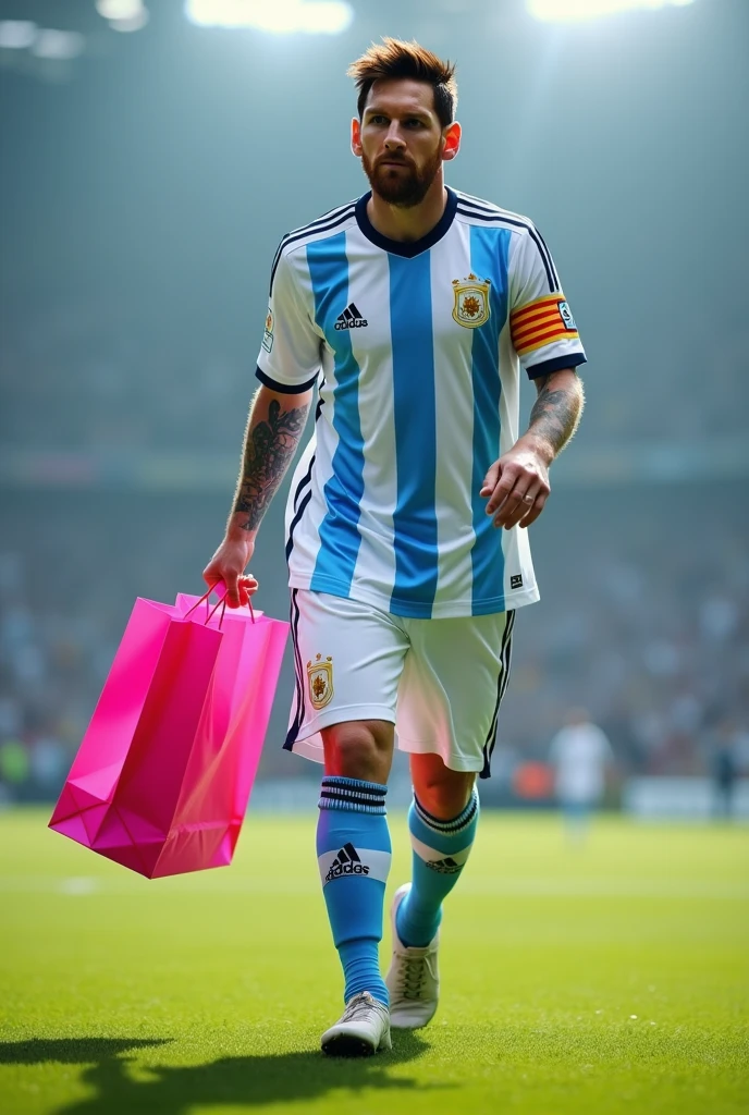 leonel messi in argentina soccer team uniform, carrying a pink shopping bag by hand