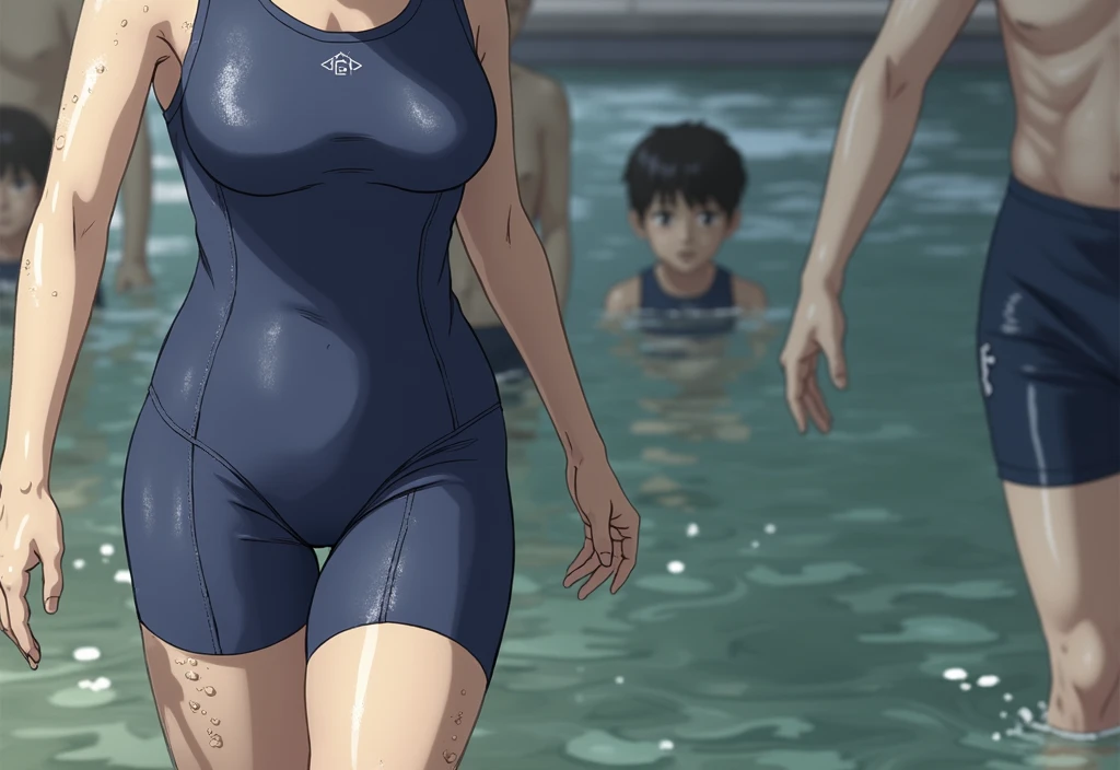 ,Black Hair,Navy blue school swimsuit and leggings,Sweat,Small breasts,Low length,Pool,Highest quality