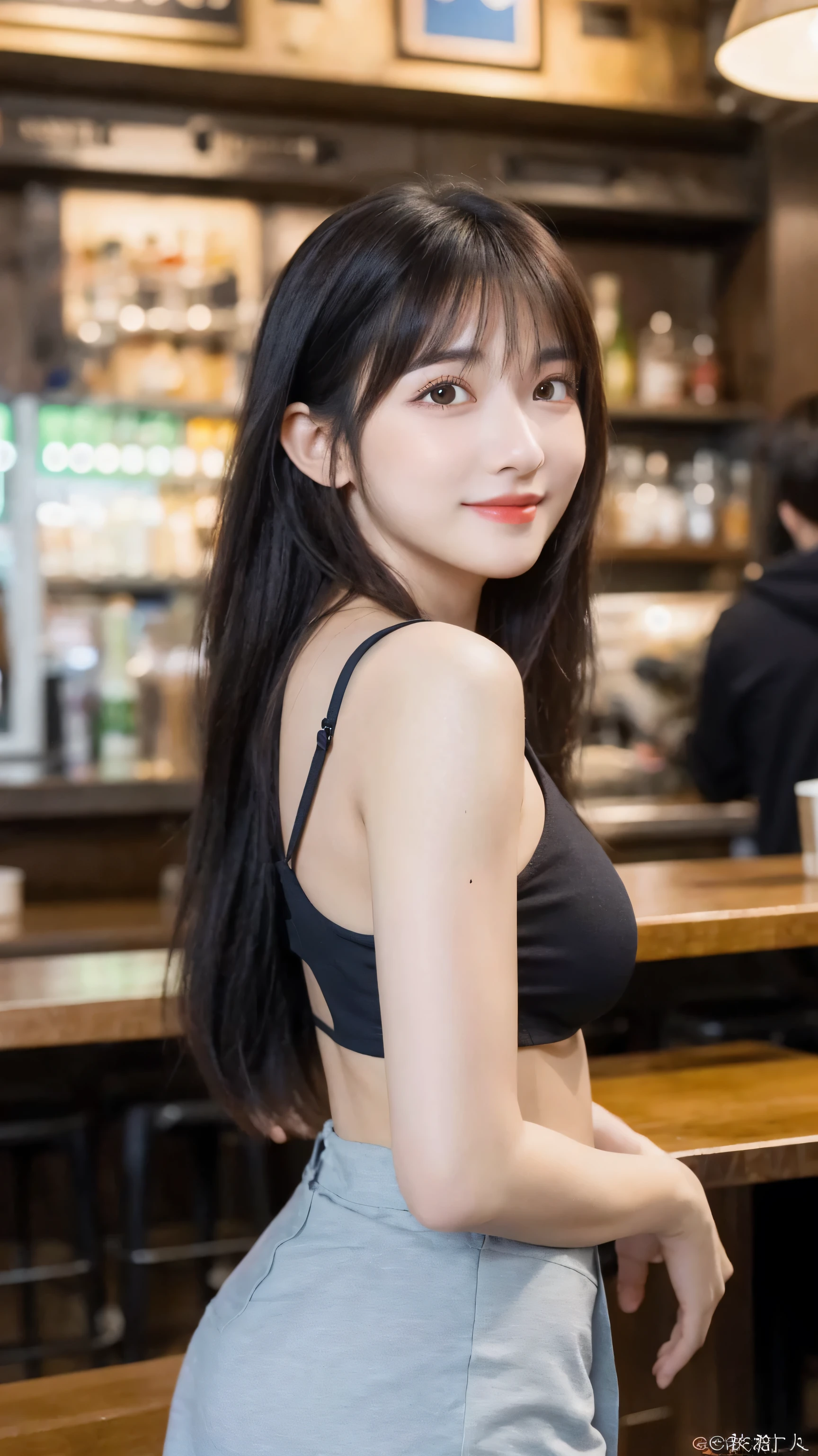 (8k, RAW Photo, Best Quality, Masterpiece:1.2), table top, Ultra Detail, Super Resolution, (Realistic, Realistic Photo:1.37), Portrait, High Detail RAW Color Photo, Professional Photo, Extremely Detailed and Beautiful, Extremely detailed, 8k wallpaper, amazing and detailed, huge file size, official art, highly detailed CG unity 8k wallpaper, highly detailed beautiful girl, highly detailed face, highly detailed eyes, highly detailed skin, highly detailed fingers, highly detailed nose, very detailed detailed mouth , perfect ???????, highly detailed background, highly detailed clothes, 1girl, ,cute girl, realistic body, fair skin, glowing skin , slim body, handsome body, black hair , Semilong hair, (blunt bangs:1.2), smile, cute, youthful, cute face, realistic face, delicate eyes, drooping eyes, looking at viewer, (from behind), standing posture, Contraposto, (big breasts), (Perfect Body Proportions), (slender Body Proportions), (tank top), (mini skirt), (Inside the pub),
