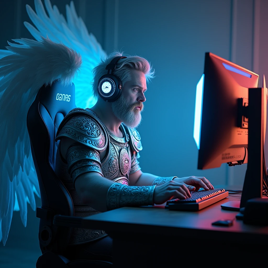 a warrior angel sitting in a gaming chair wearing a headset, playing on the computer seen from the side with glowing eyes