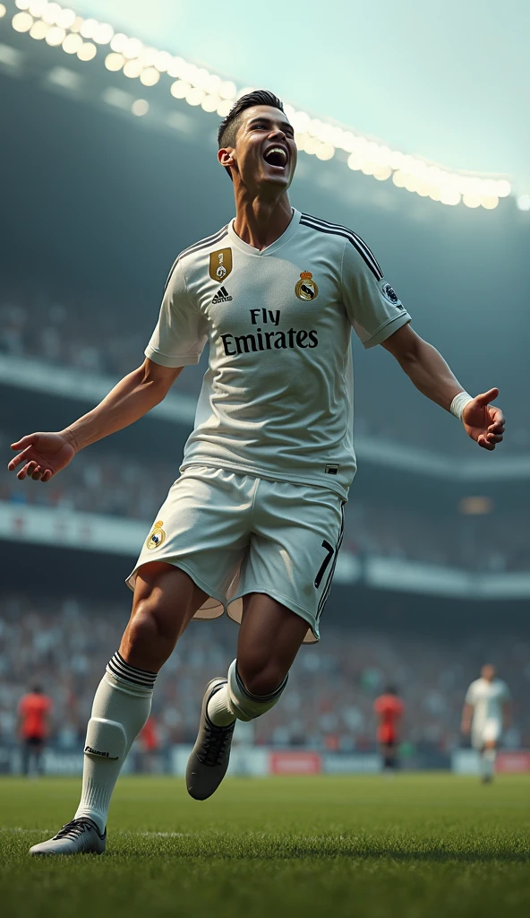 Photorealistic, 64K, A realistic christiano ronaldo [wearing real madrid soccer jersey number 7] standing up celebrating his iconic celebration goal, both his leg opened wide, and also opened wide his arm, in stadium background