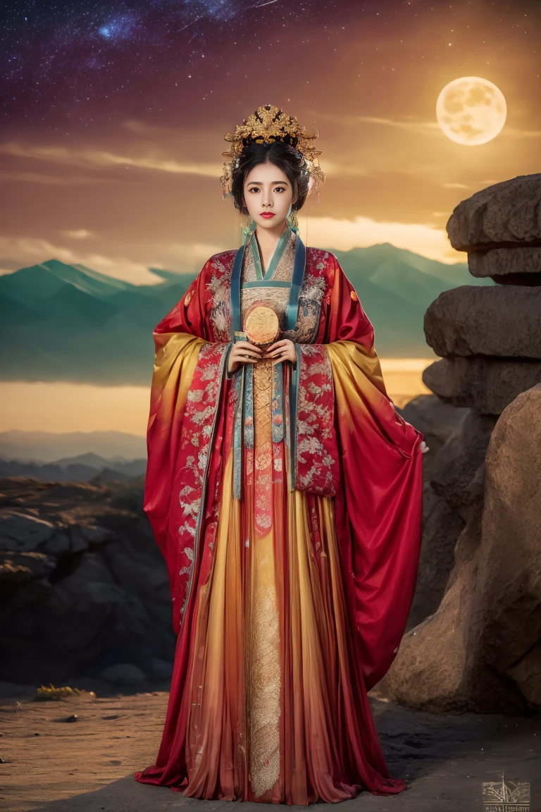 Three-dimensional ancient style, vivid Chinese aesthetics, elegant ancient Chinese fairy, Chang'e holding a mooncake, moon rabbit, starry sky, osmanthus tree, woman in luxurious seven-color rainbow Hanfu on a cliff gazing at the stars, stunning facial features, (full body:1.4), vibrant colors, sparkling attire with glittering stone patterns, shoes of semi-transparent crystal, seven-color gradient fluorescent ribbons, exquisite, light wave, traditional, delicate, perfect composition, ultra HD, crescent earrings, raised eyebrows, phoenix ornament, forehead gemstone, National style, Acrylic, Immortal aura, Mint green tones, Normal perspective, Trend on Artstation