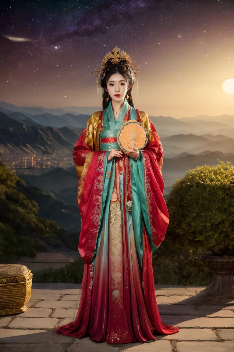 Three-dimensional ancient style, vivid Chinese aesthetics, elegant ancient Chinese fairy, Chang'e holding a mooncake, moon rabbit, starry sky, osmanthus tree, woman in luxurious seven-color rainbow Hanfu on a cliff gazing at the stars, stunning facial features, (full body:1.4), vibrant colors, sparkling attire with glittering stone patterns, shoes of semi-transparent crystal, seven-color gradient fluorescent ribbons, exquisite, light wave, traditional, delicate, perfect composition, ultra HD, crescent earrings, raised eyebrows, phoenix ornament, forehead gemstone, National style, Acrylic, Immortal aura, Mint green tones, Normal perspective, Trend on Artstation