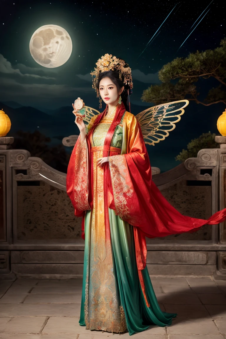 Three-dimensional ancient style, vivid Chinese aesthetics, elegant ancient Chinese fairy, Chang'e holding a mooncake, moon rabbit, starry sky, osmanthus tree, woman in luxurious seven-color rainbow Hanfu on a cliff gazing at the stars, stunning facial features, (full body:1.4), vibrant colors, sparkling attire with glittering stone patterns, shoes of semi-transparent crystal, seven-color gradient fluorescent ribbons, exquisite, light wave, traditional, delicate, perfect composition, ultra HD, crescent earrings, raised eyebrows, phoenix ornament, forehead gemstone, National style, Acrylic, Immortal aura, Mint green tones, Normal perspective, Trend on Artstation