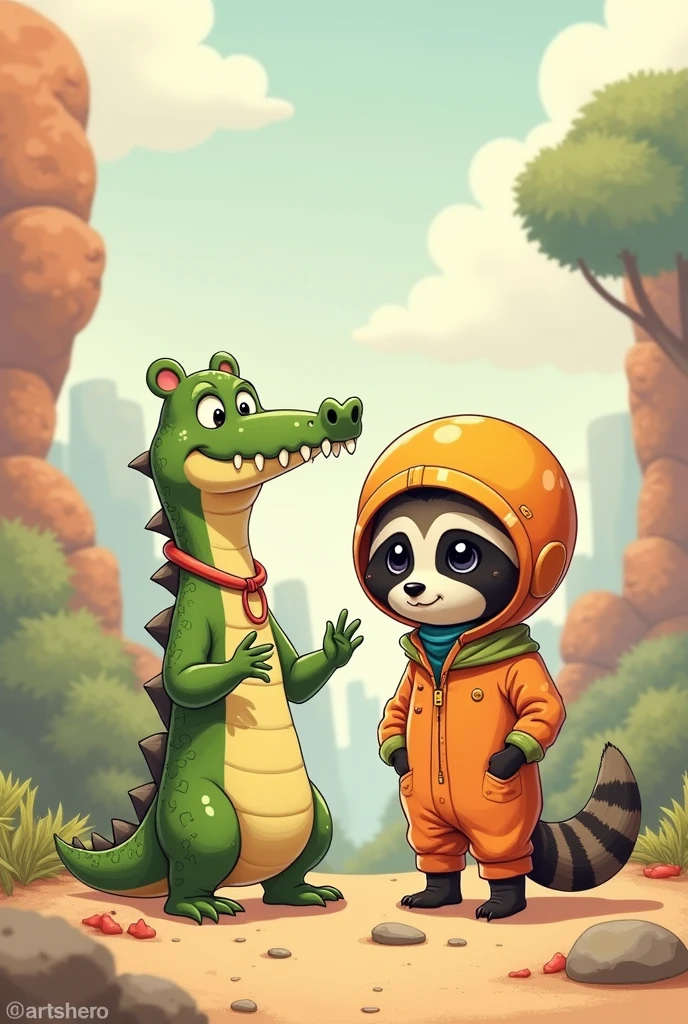 Crocodile, Raccoon and Martian in cute drawing