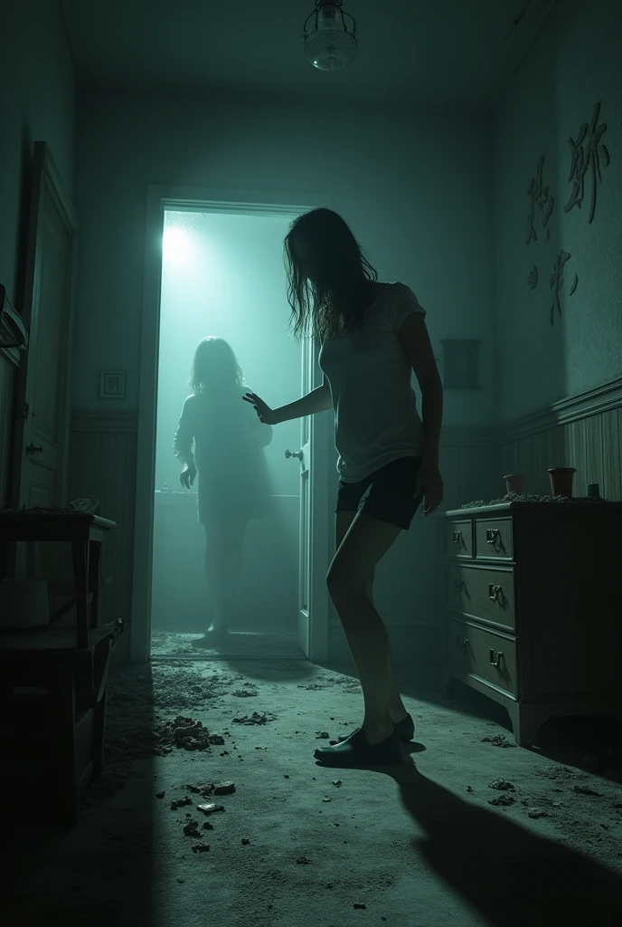 Objects in the room move subtly. A cold hand touches her shoulder, but no one is there horror with ruined furniture and peeling of the wallpapers