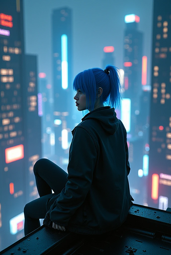 women. blue hair. sits on the roof of a cyberpunk city. night. realistic
