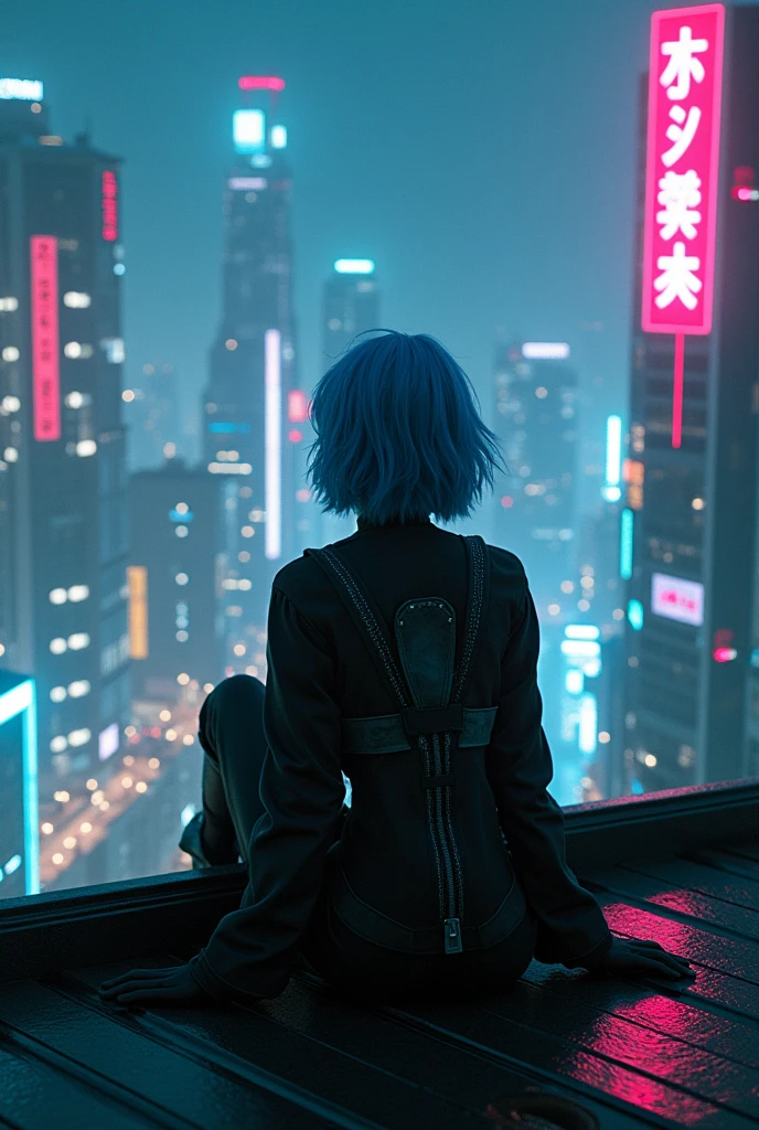 women. blue hair. sits on the roof of a cyberpunk city. night. realistic