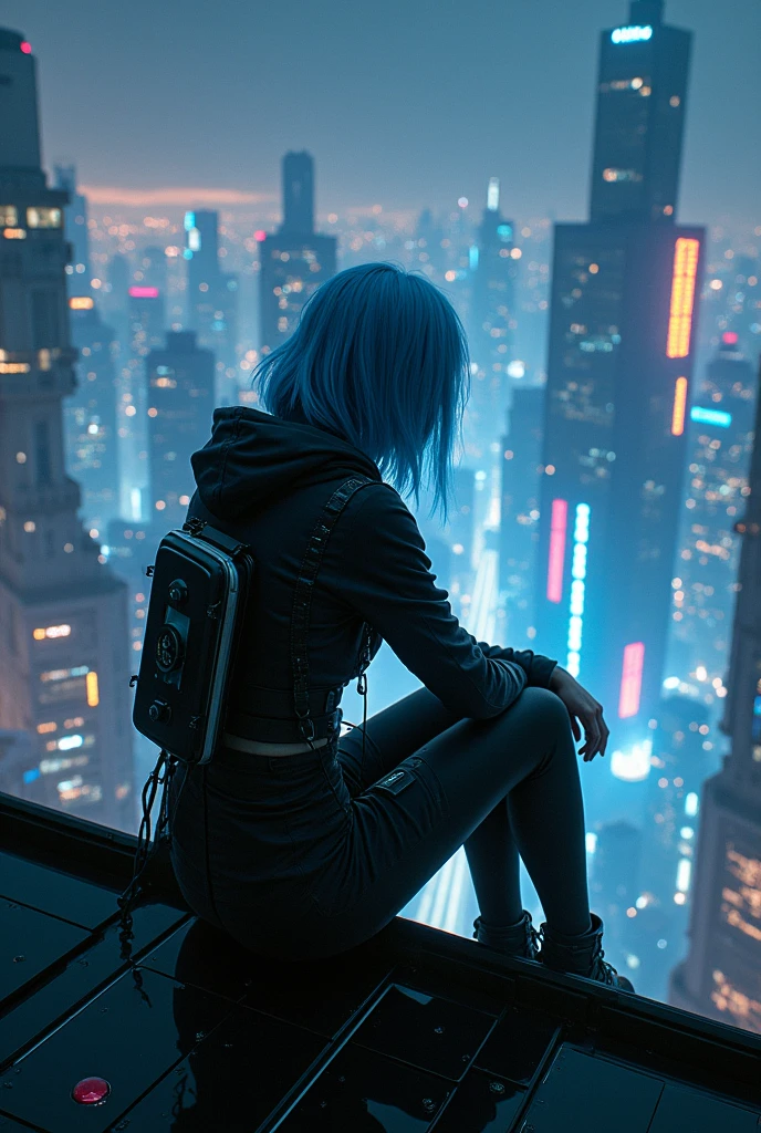 women. blue hair. sits on the roof of a cyberpunk city. night. realistic