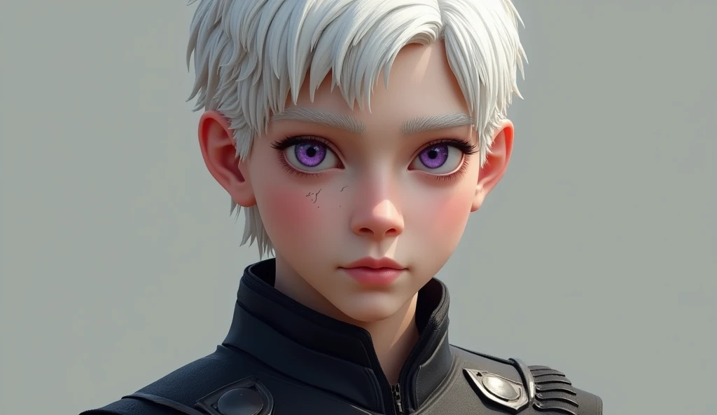 A young Targaryen with short white hair, violet eyes and a short scar on his cheek