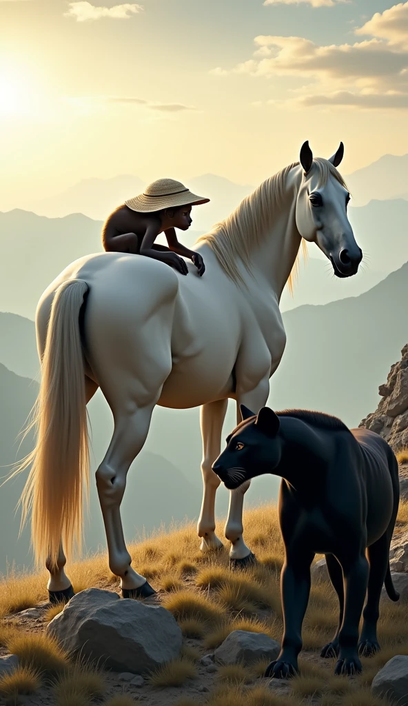 "On a rugged hill, a sleek, muscular white horse stands still, its coat gleaming in the soft light of a fading sun. Draped across its back, a small monkey sleeps peacefully, its tiny limbs sprawled comfortably over the horse's broad back. The monkey wears a slightly worn, oversized hat that sits loosely on its head, tilted downward as if it had fallen out of place during a nap. The hat's brim gently covers part of the monkey's face. Nearby, a large black panther stands, its powerful body poised and muscles taut. The panther's glossy, dark fur glistens under the light, and its intense yellow eyes are fixed on the distant mountains as if keeping a silent watch over the serene yet wild landscape. The wind brushes through the grass, and the setting feels both tranquil and filled with a sense of untamed wilderness."