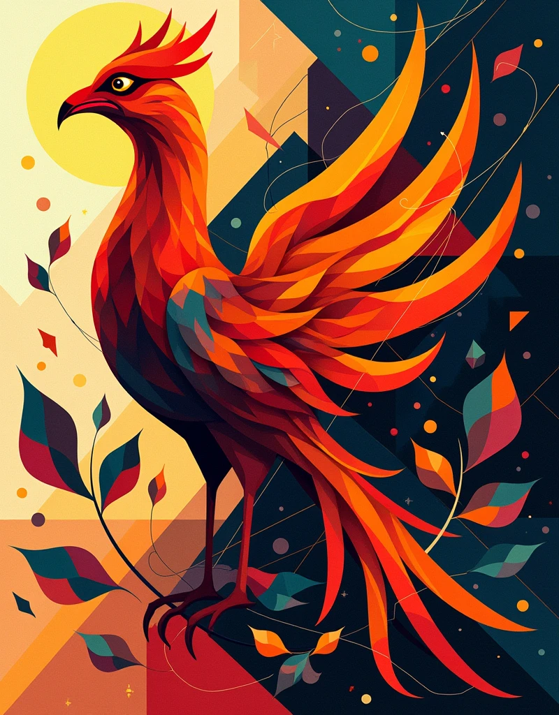 Kandinsky style, phoenix, geometric shapes and bold colors, fire expressed in a vibrant abstract language.