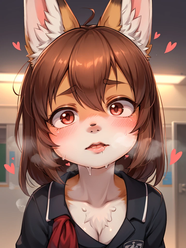 horror , The spirit of a Tiny female fox disguises herself as a junior high school student and attends a school attended by humans , Suck out the energy of Reluctant male students , moist thin eyes , glossy lips , Swollen cheeks , heart is beating fast , steamy breath , Impersonating a human