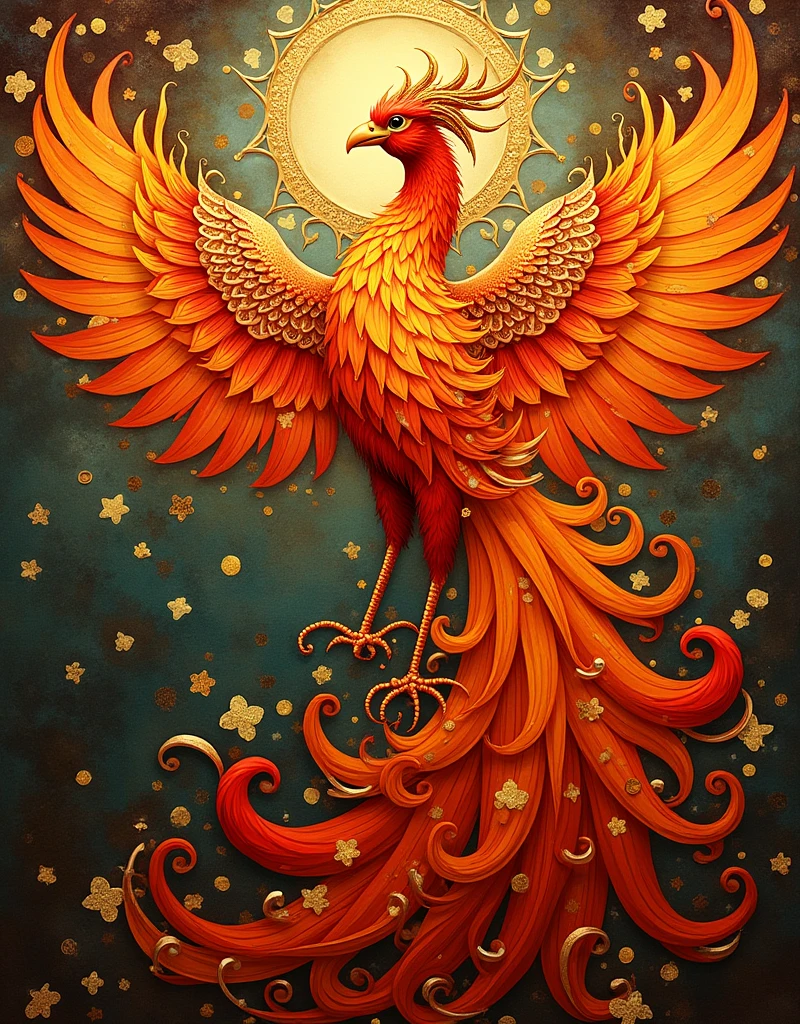 Phoenix in the style of Klimt, swirling flames adorned with gold leaf and intricate patterns, radiating opulence.