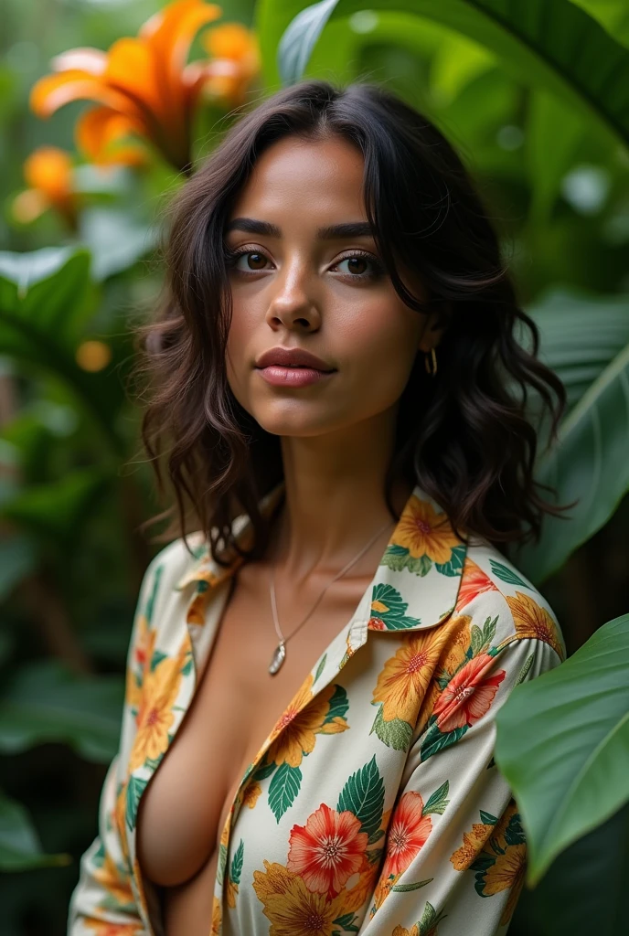 A Brazilian woman in a lush tropical garden, wearing an open shirt with a floral print, with a close-up capturing the harmonious beauty between her breasts and the natural flowers, showing off your natural charm and outgoing personality.