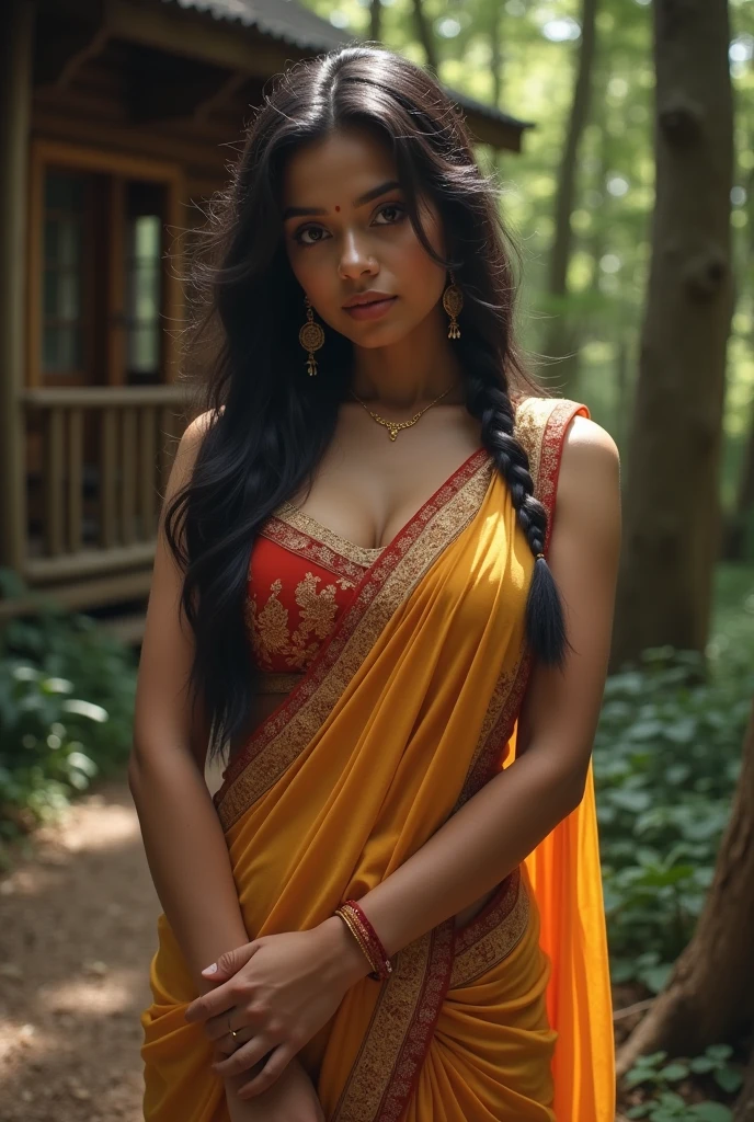 Young Indian woman wearing full saree, Village Forest Cabin, Saree without blouse,big ,big sexy chest,big ,Detailed body and face, big bright eyes, Charm, sexy, Perfect Anatomy, Braid, Detailed Background, 8k,big chest, big bust, curvy waist, sexy curvy body, curvy waist, thick body