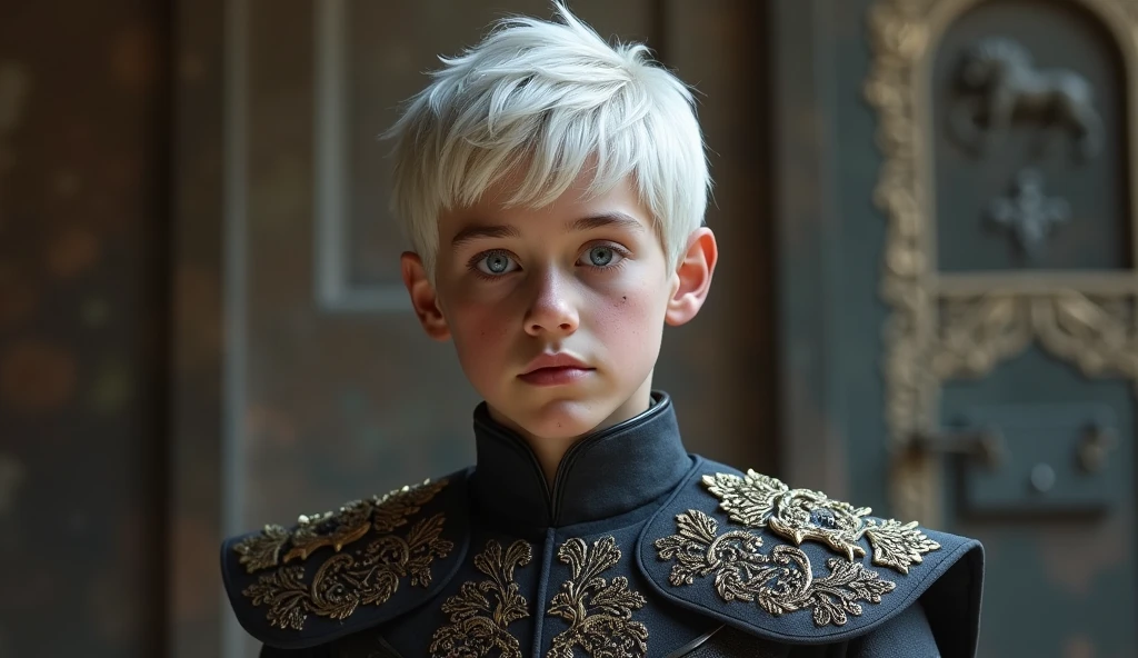 A young Targaryen boy with short white hair, violet eyes and a short scar on his cheek