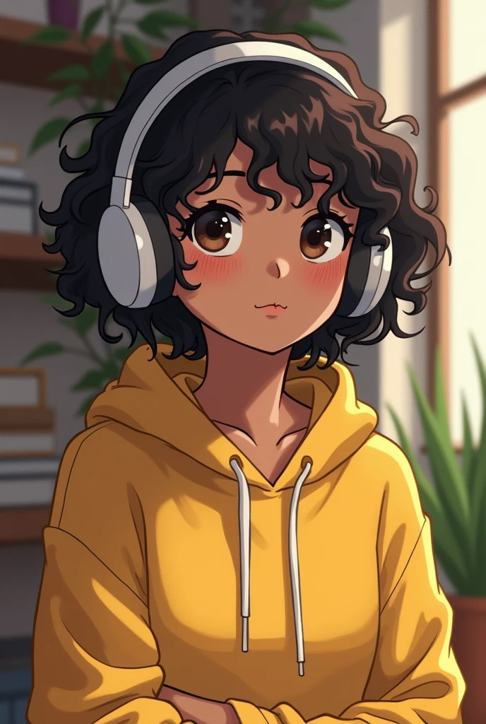 2d anime female brown skin character with dark brown eyes, short curly 4b black hair, white headphones, and a yellow hoodie. Calm personality (books in hand) my hero academia art style more nonchalant small eyes