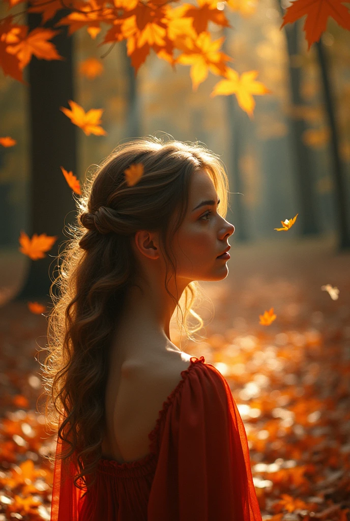 Beautiful woman looking at autumn leaves